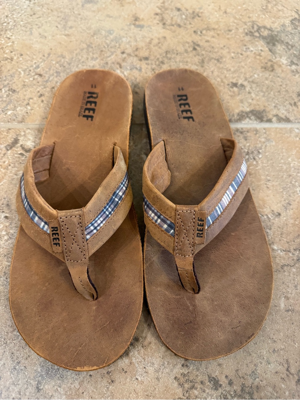 Reef Brown Leather Plaid-Trim Flip Flops